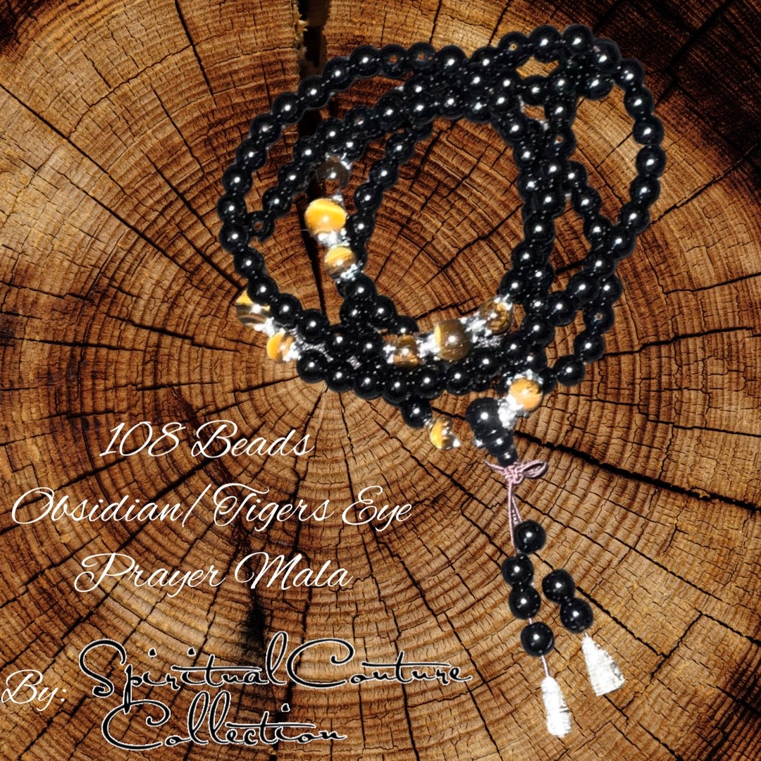108 Beads Obsidian/Tigers Eye Prayer Mala by Spiritual Couture Collection®️LLC