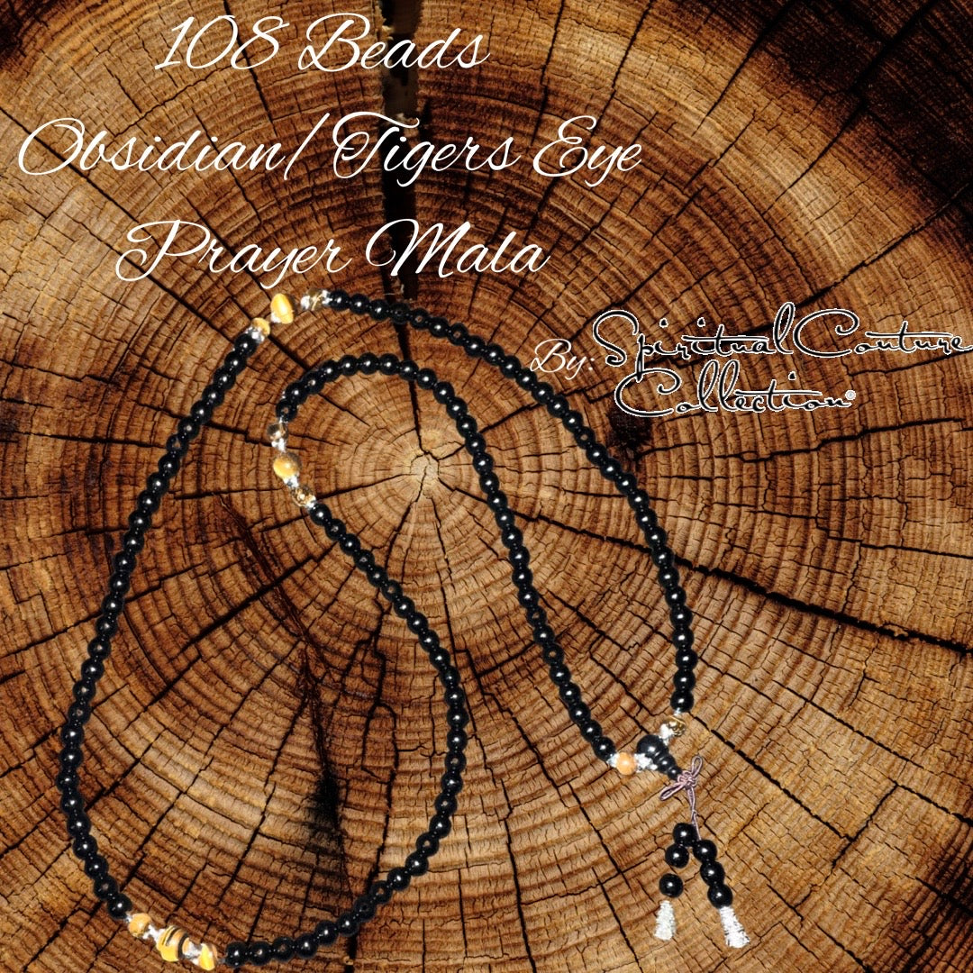 108 Beads Obsidian/Tigers Eye Prayer Mala by Spiritual Couture Collection®️LLC